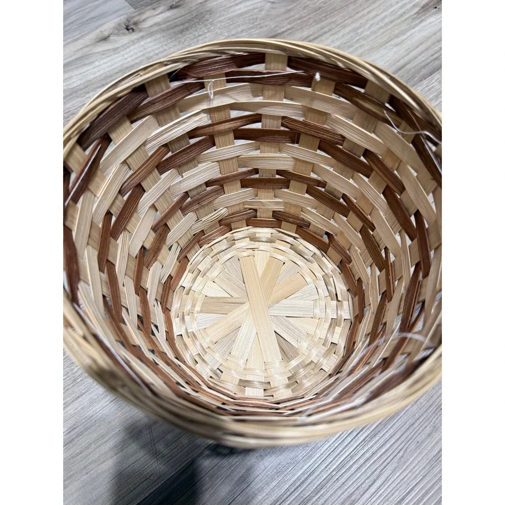 Two Tone Woven Wood Slat Round Basket Natural Brown Rustic Decor 9.5 Inch